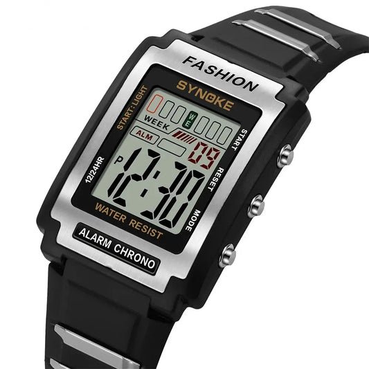 Men Rectangular Sports Electronic Watch Waterproof 50M Night Light Large Screen Alarm Clock Trend Retro Style